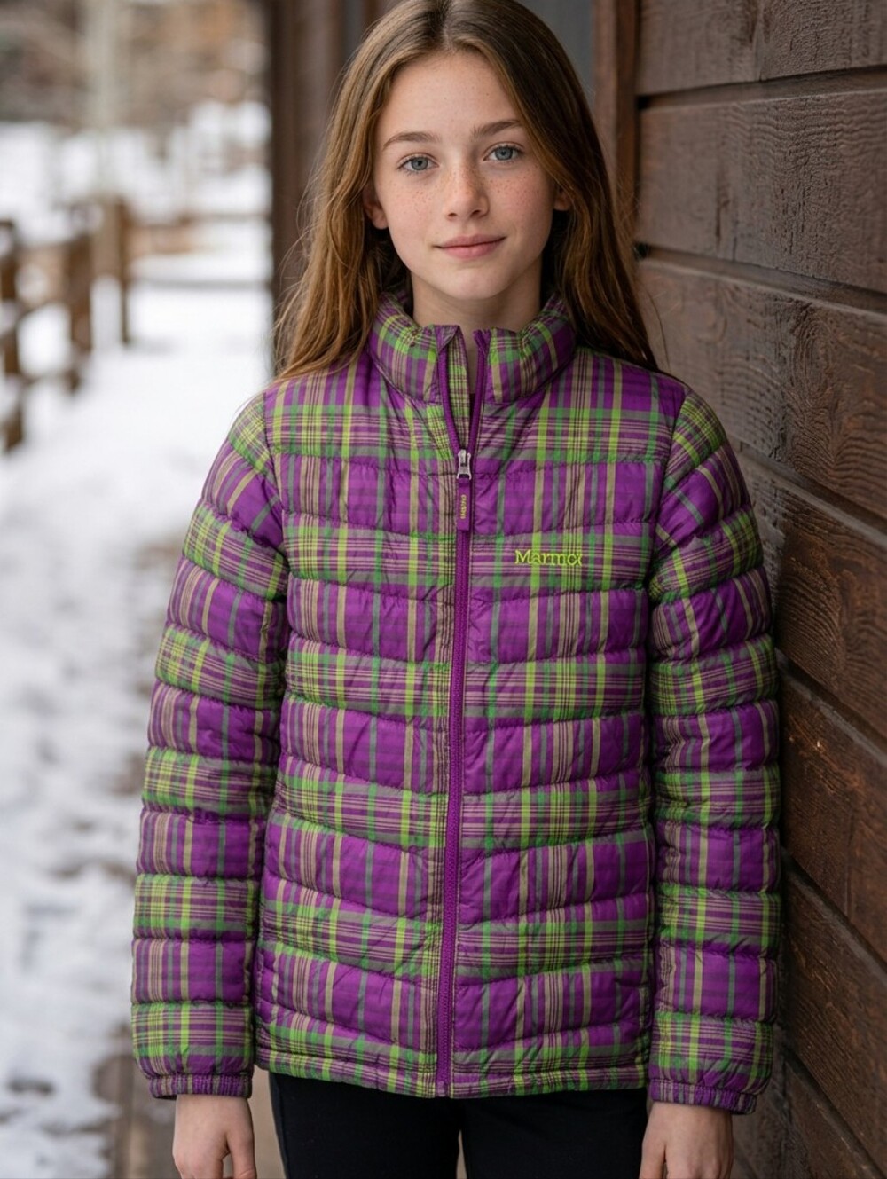 Marmot Kids 700 Fill Purple & Green Plaid Puffer Jacket Winter Snow Ski Size XL